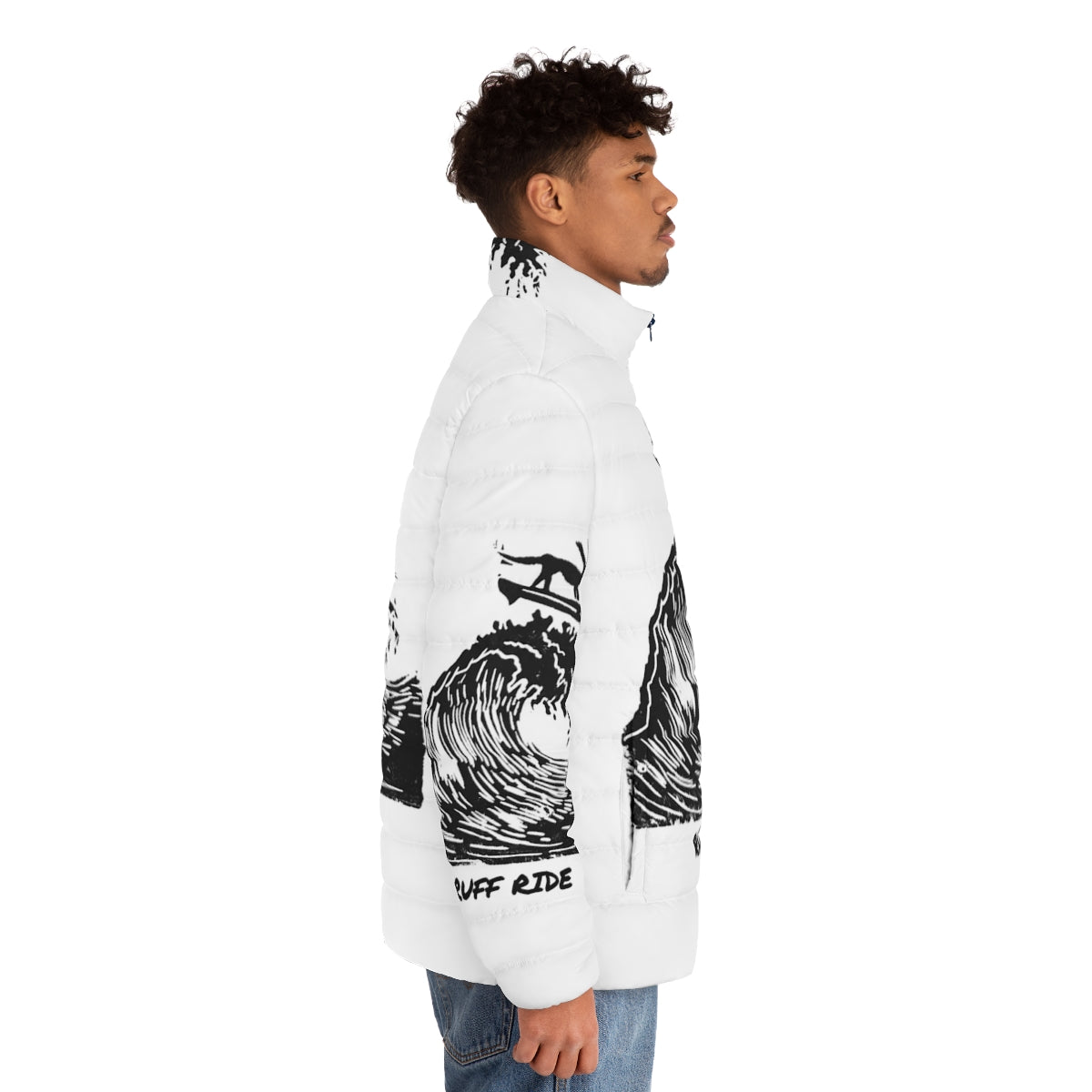 A model wearing a puffer jacket with a dog graphic, perfect for winter outdoor activities. - men side right