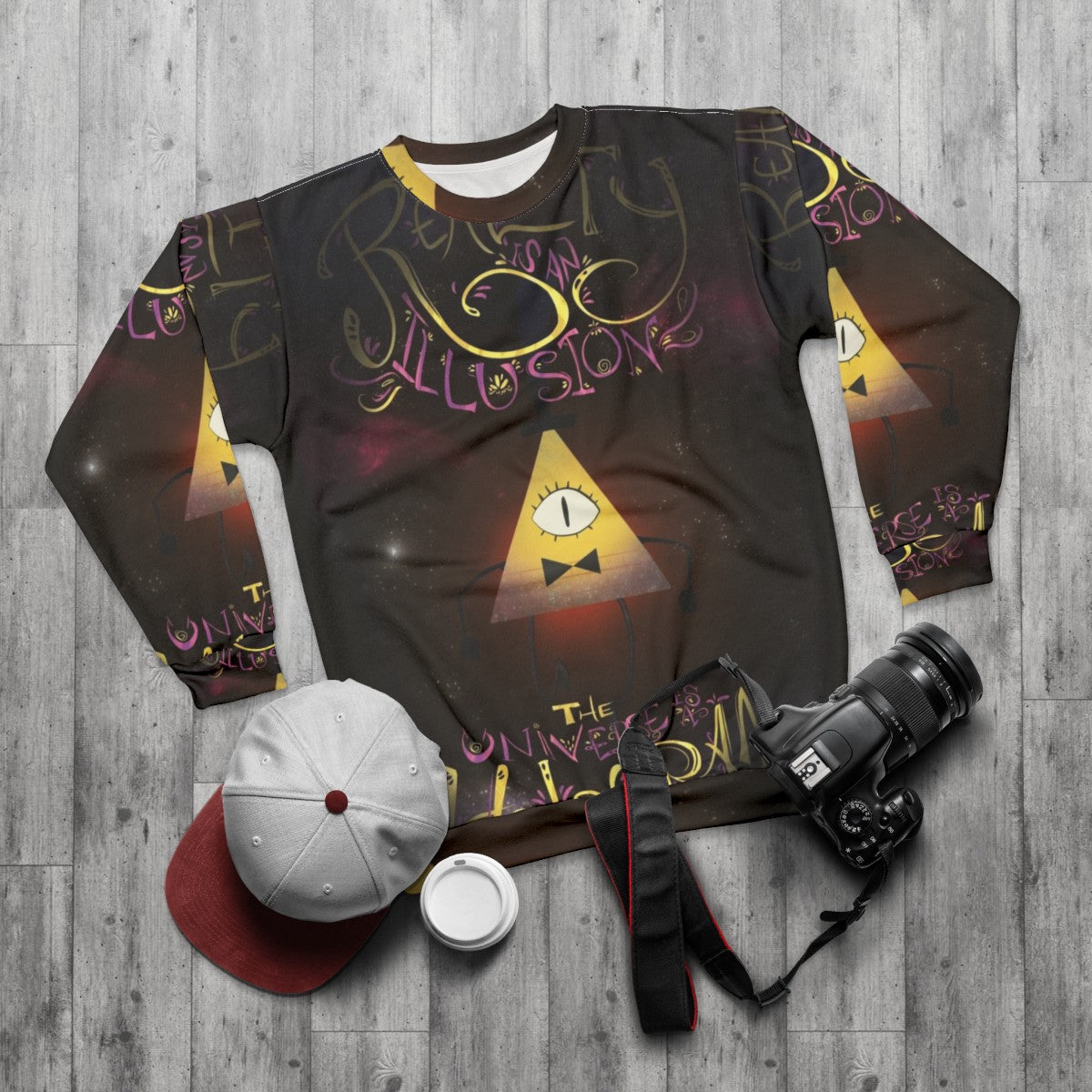 Bill Cipher "Reality Is An Illusion" Gravity Falls Holographic Sweatshirt - flat lay