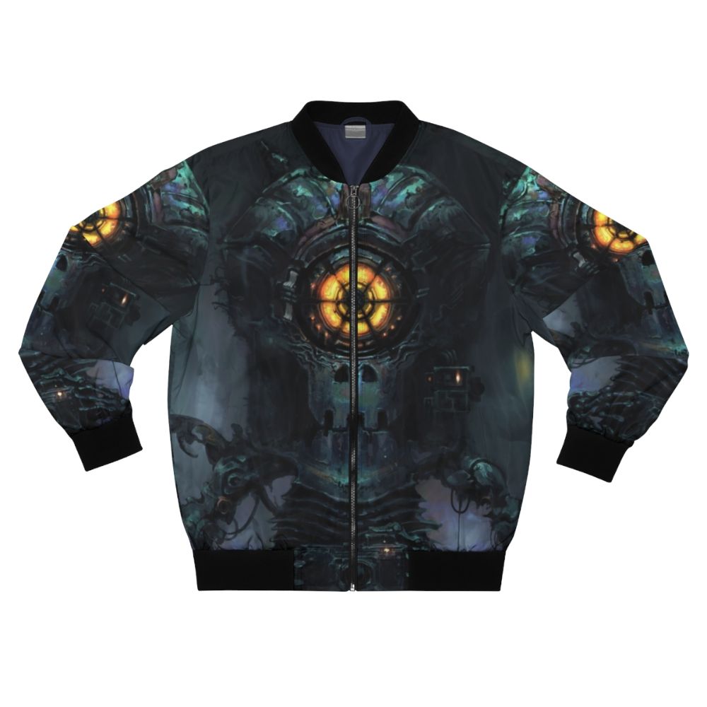 Inscryption bomber jacket featuring game art of a robot cyclops