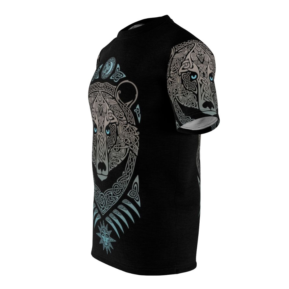 Mystical forest lord tribal t-shirt with Scandinavian mythology-inspired design featuring bears, owls, ravens, and Celtic knotwork - men left