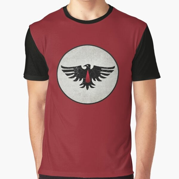 A graphic t-shirt featuring the iconic Blood Ravens chapter sigil and pauldrons of the Warhammer space marines.