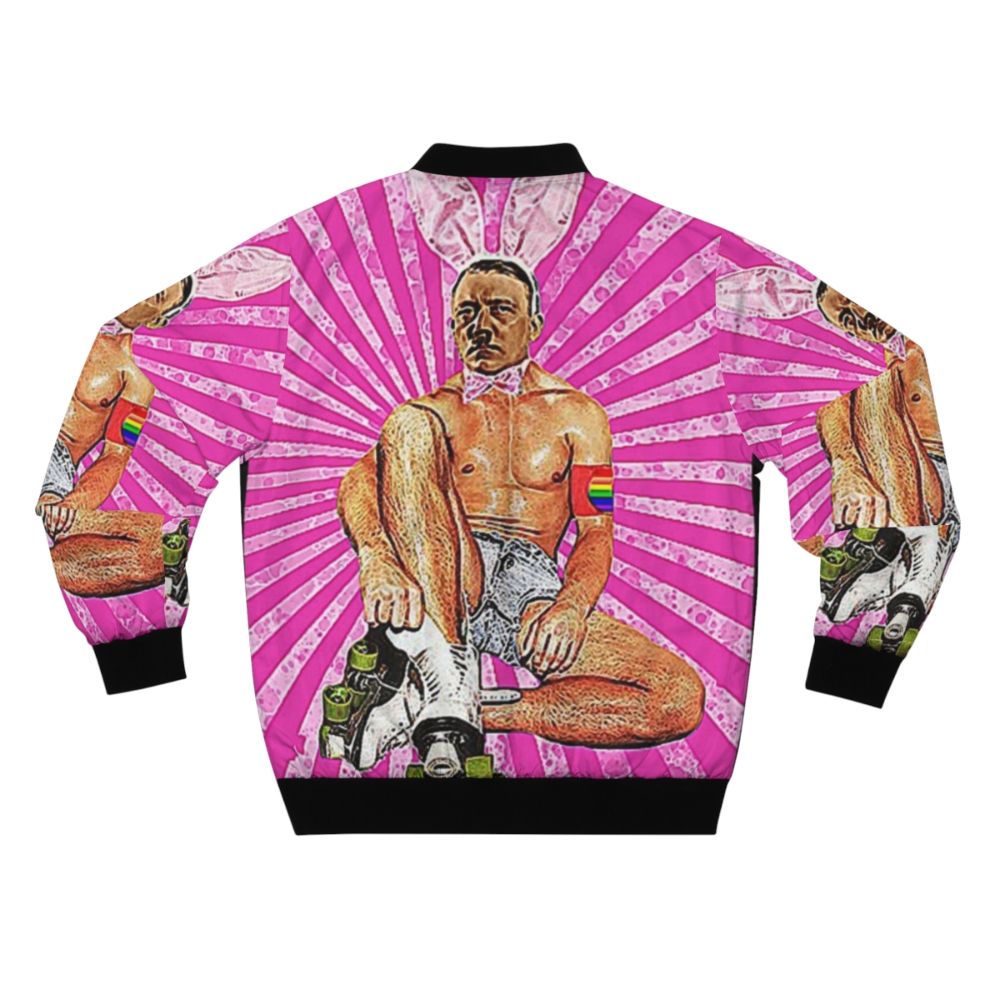 "Bomber jacket with a humorous design featuring a 'roller boy' and Hitler-inspired graphics" - Back