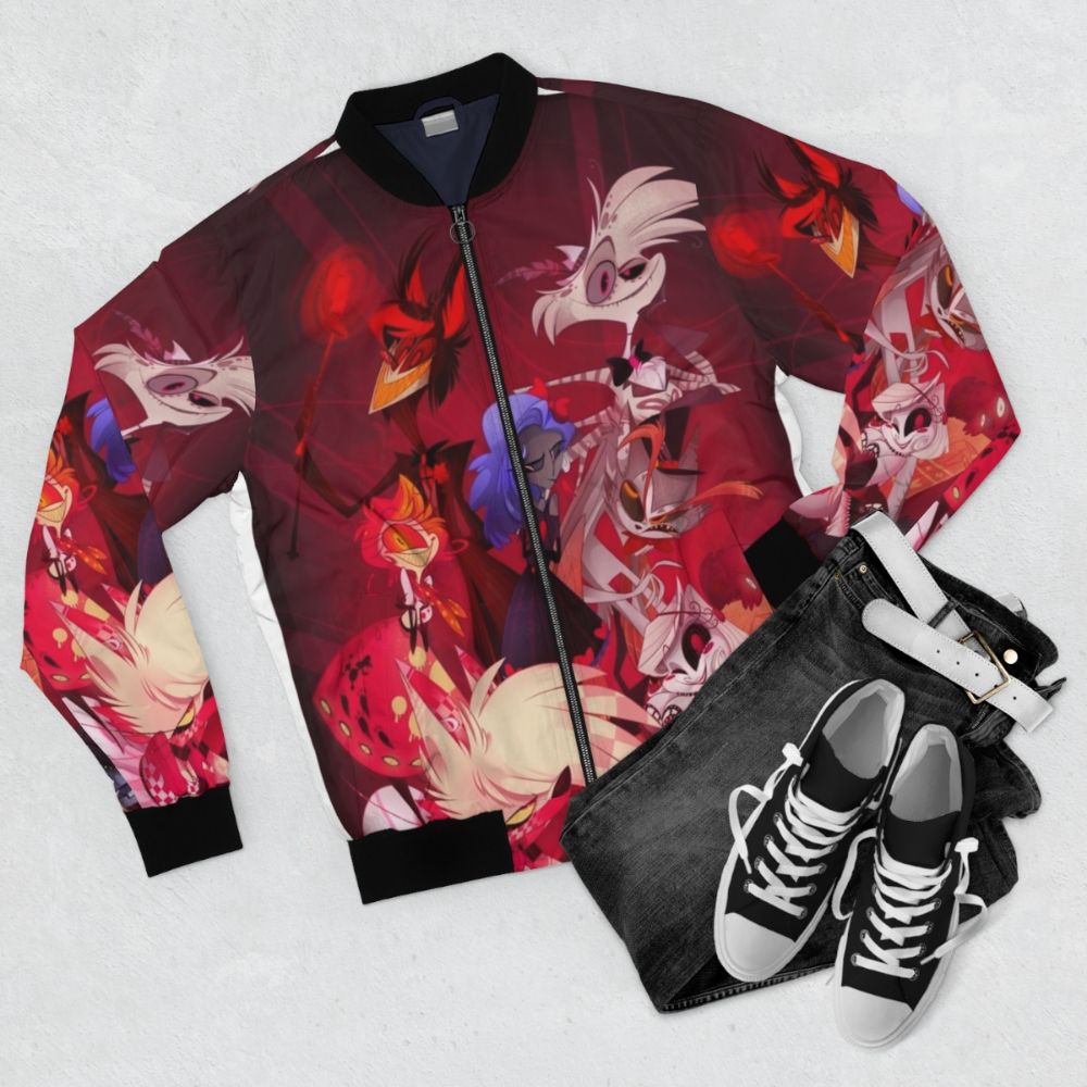 Hazbin Hotel Cartoon Character Bomber Jacket - Flat lay