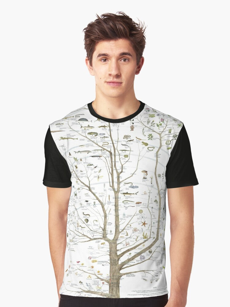 A graphic t-shirt featuring the tree of life, depicting the evolution of various animals including birds and dinosaurs. - Men