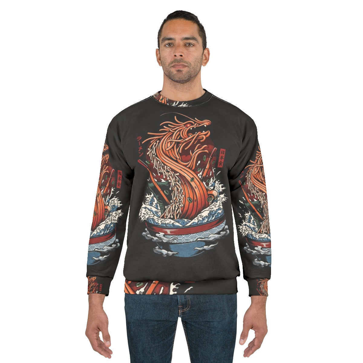 Ramen Dragon Sweatshirt with Japanese Art Inspired Kaiju Food Design - men