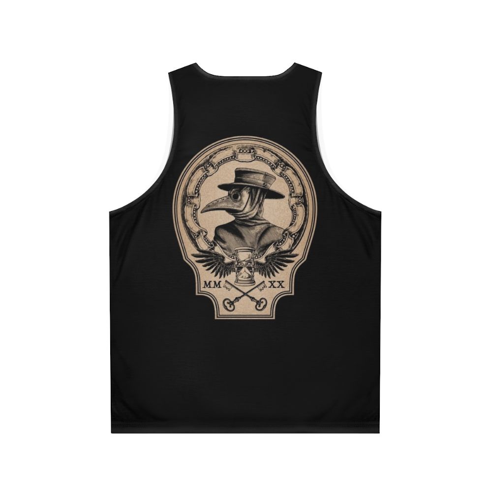 Vintage plague doctor unisex tank top with raven, hourglass, and roman numerals design - Back