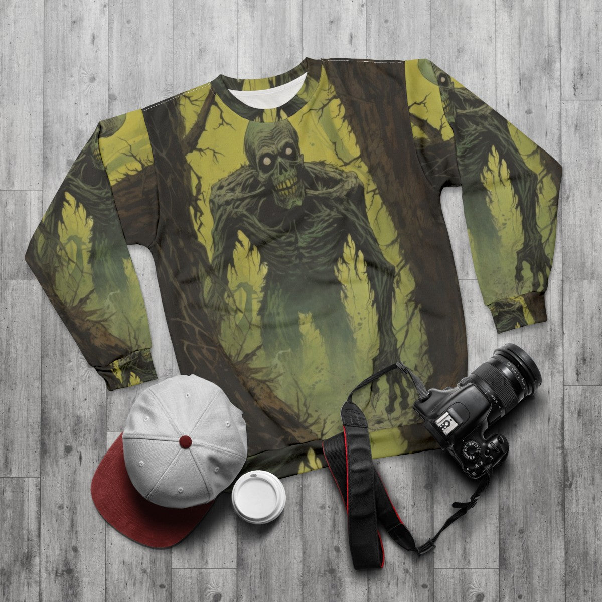 Haunting Zombie Stalker Sweatshirt with Vintage Comic Art Design - flat lay