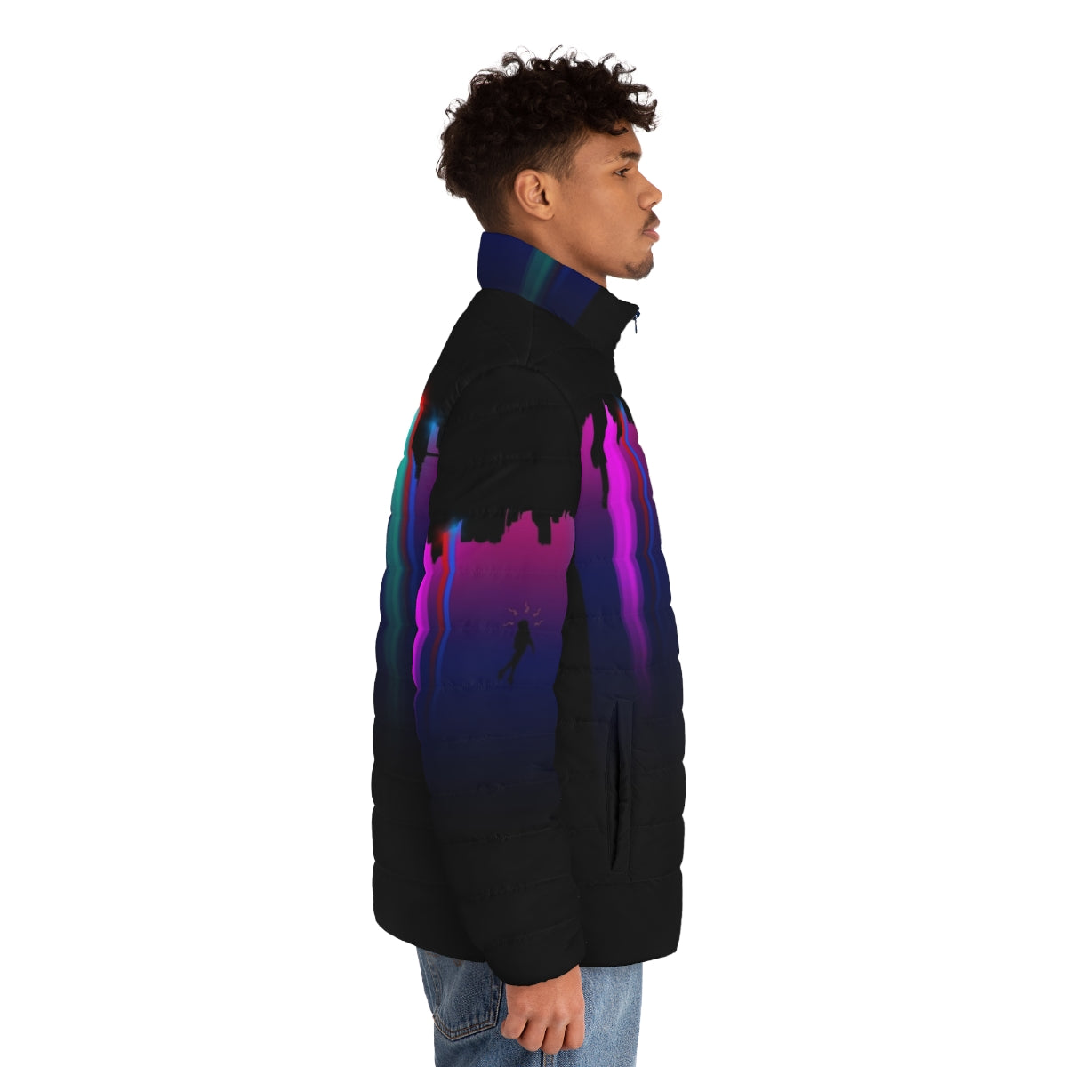 Marvel Spider-Verse inspired "Never Sleeps" puffer jacket with superpower and superhero graphics - men side right