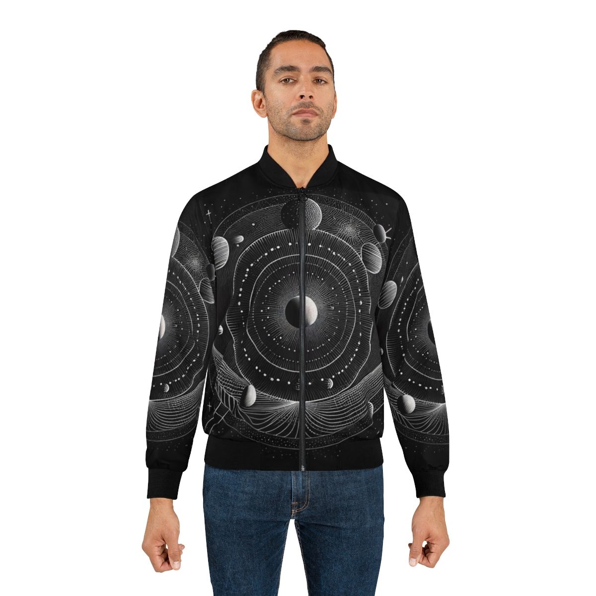 Bomber jacket with a geometric solar system design in black and white - Lifestyle