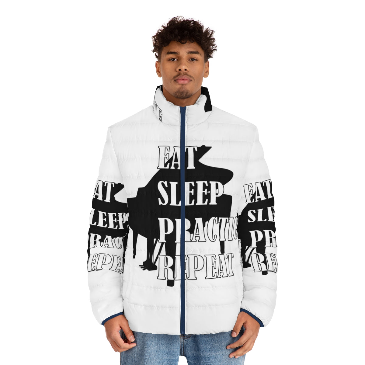 Piano puffer jacket with the words "Eat Sleep Practice Repeat" for music enthusiasts - men front