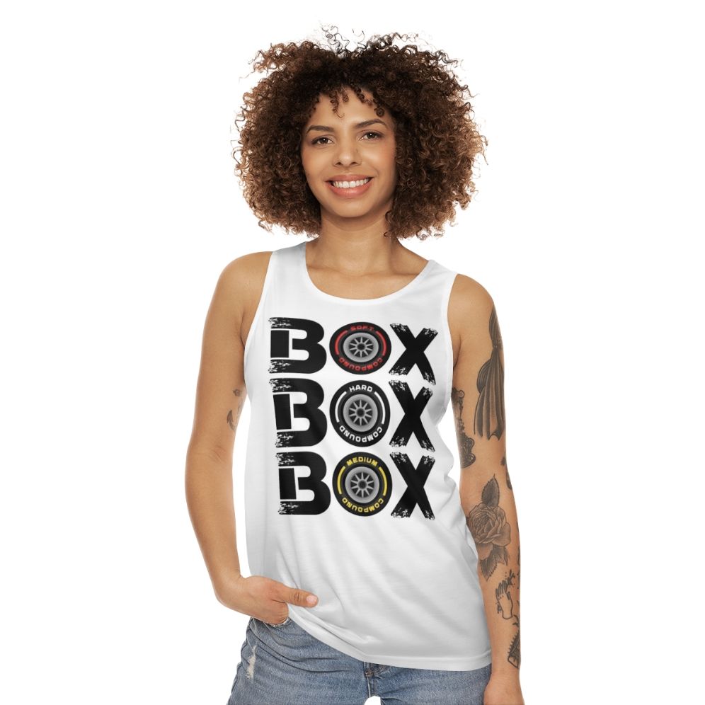 Formula 1 F1 Racing Tyre Wear Pit Box Design Unisex Tank Top - women