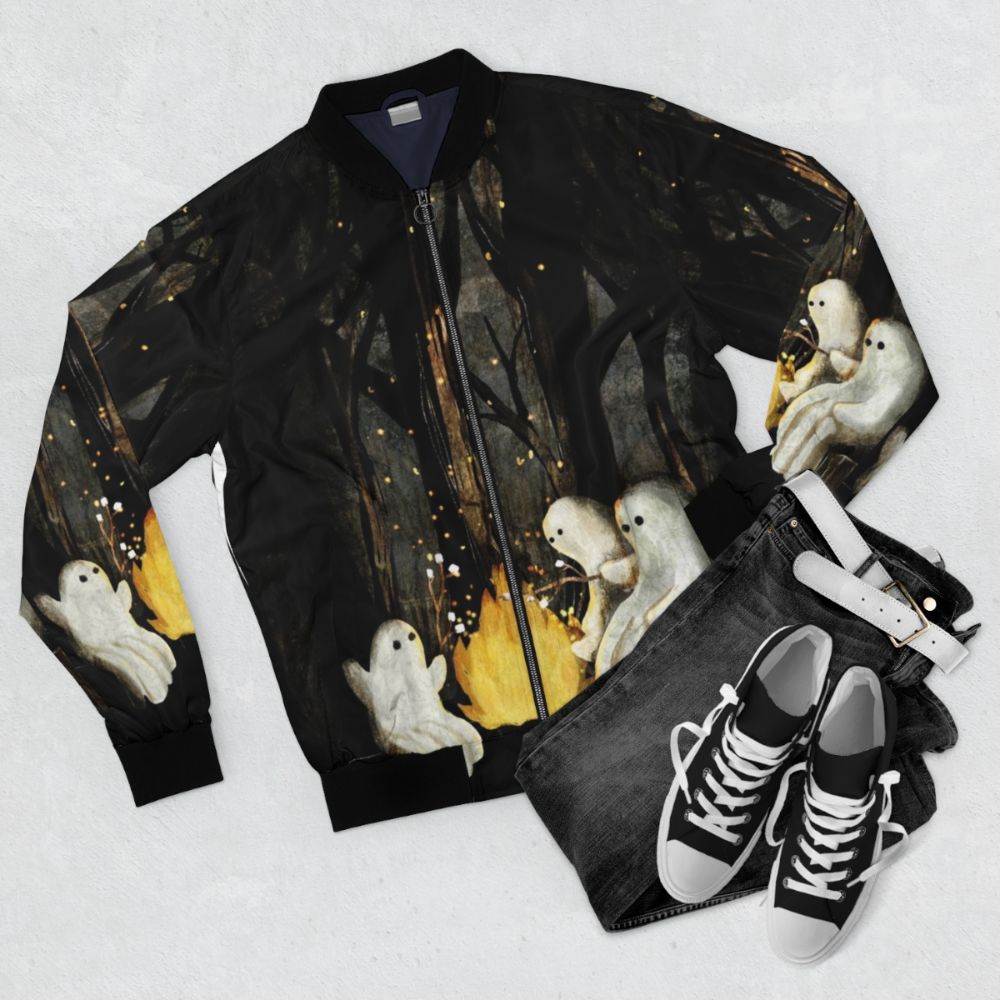 Marshmallows and ghost stories bomber jacket with a spooky forest design - Flat lay