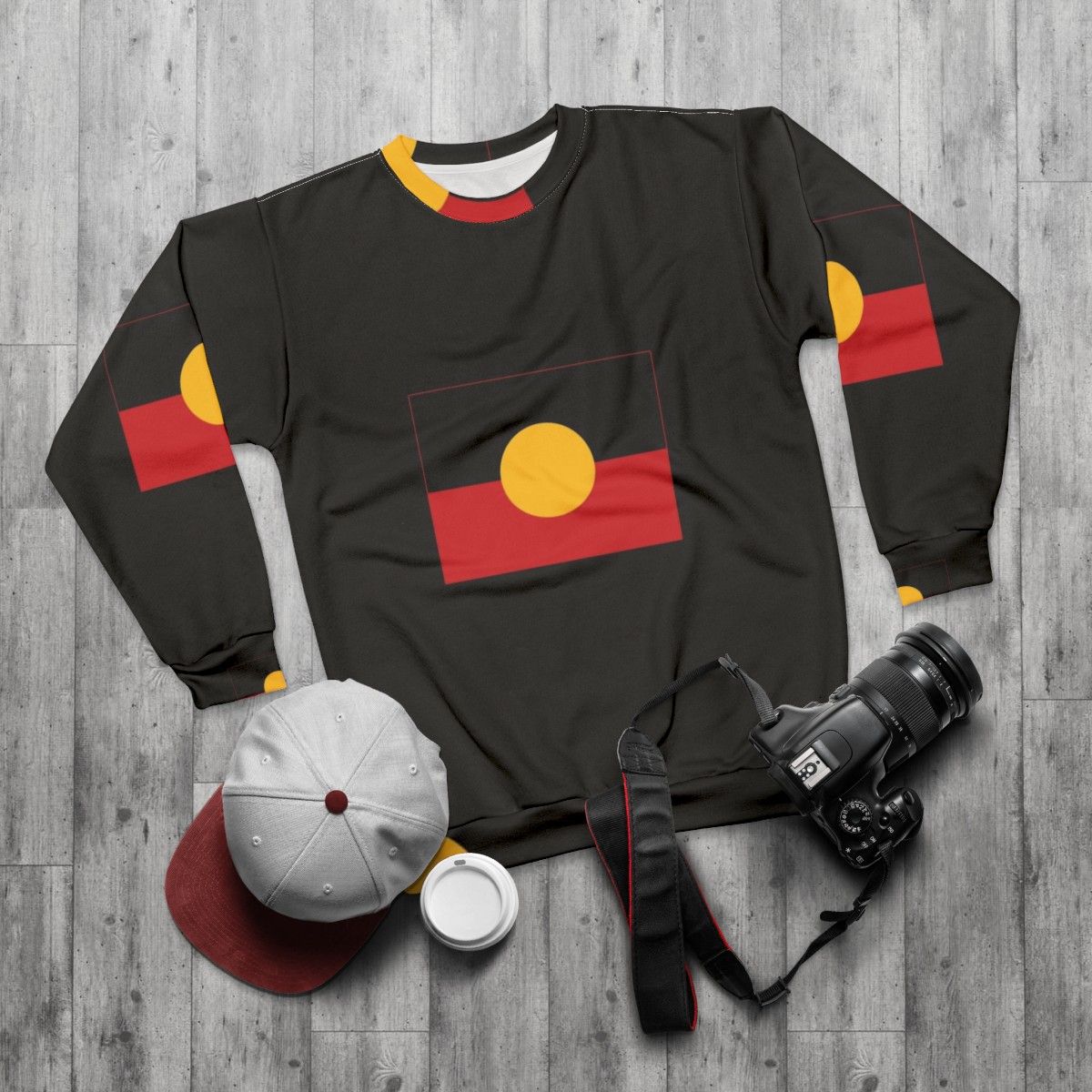 Aboriginal flag sweatshirt design - flat lay