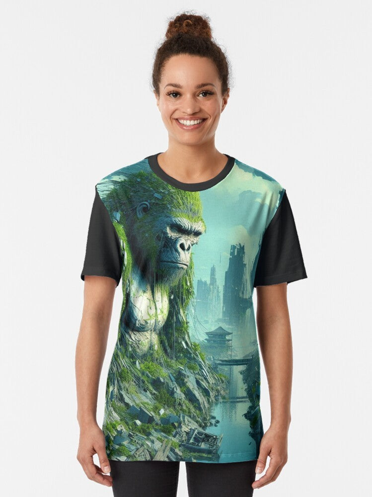 Gorilla mountain graphic on a t-shirt, featuring a nature landscape - Women