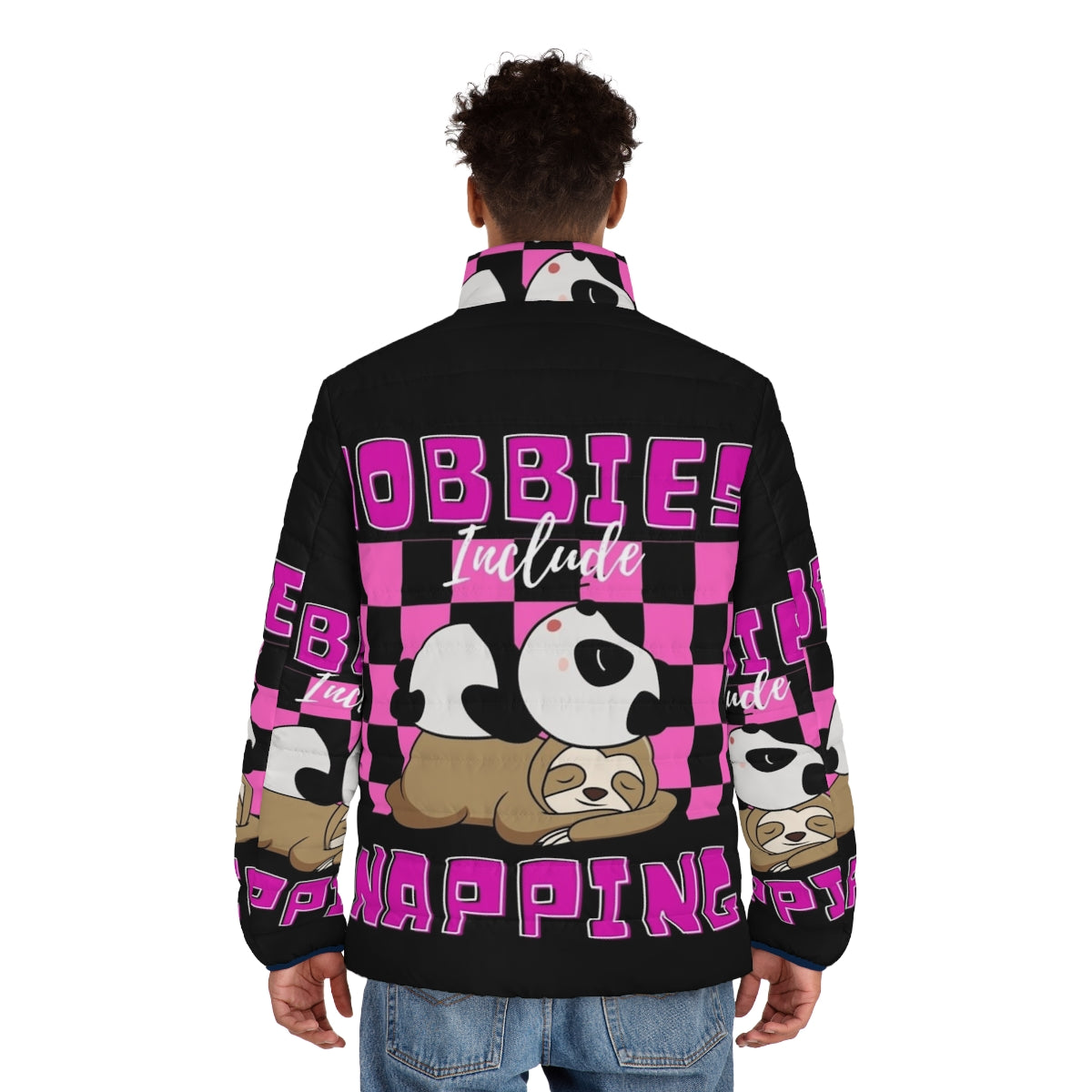 Cozy puffer jacket with "Hobbies Include Napping" design - men back