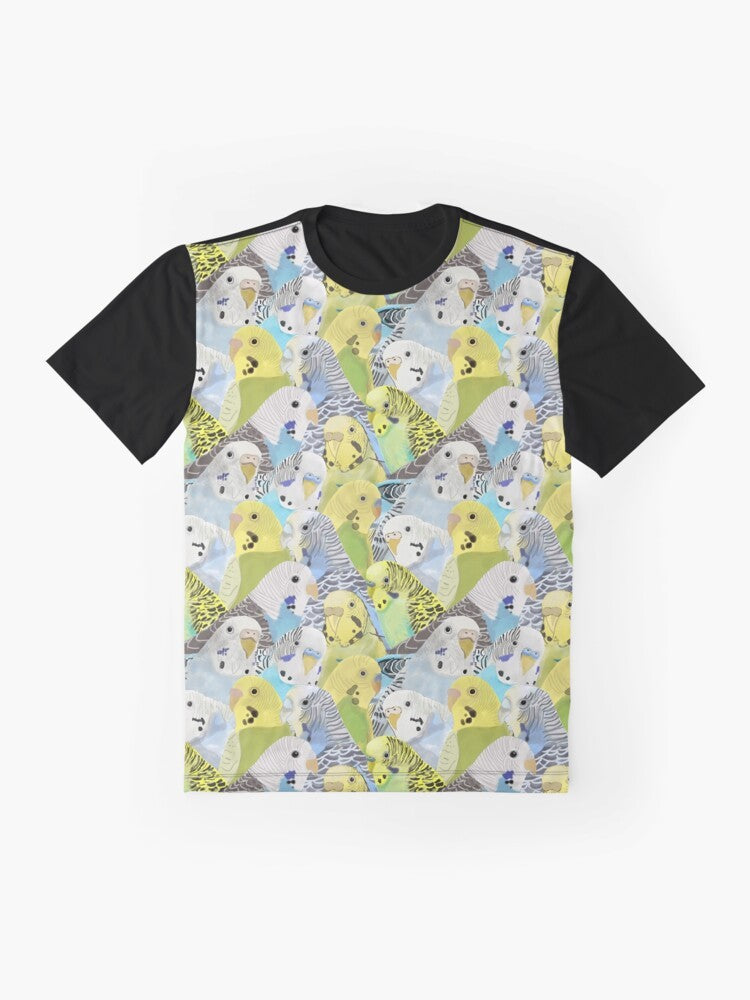 Colorful graphic t-shirt featuring a design of cute budgie parakeets - Flat lay