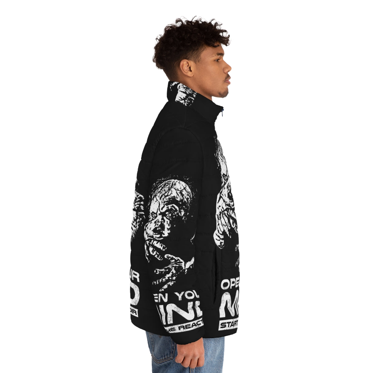 Open Your Mind Retro Puffer Jacket with Futuristic Design - men side right