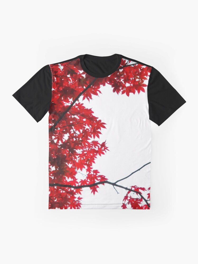 KOYO graphic t-shirt featuring a vibrant red Japanese maple leaf against a blue sky background - Flat lay