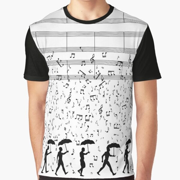 Graphic T-shirt featuring a silhouette of a person singing in the rain, with musical notes and sheets in the background.