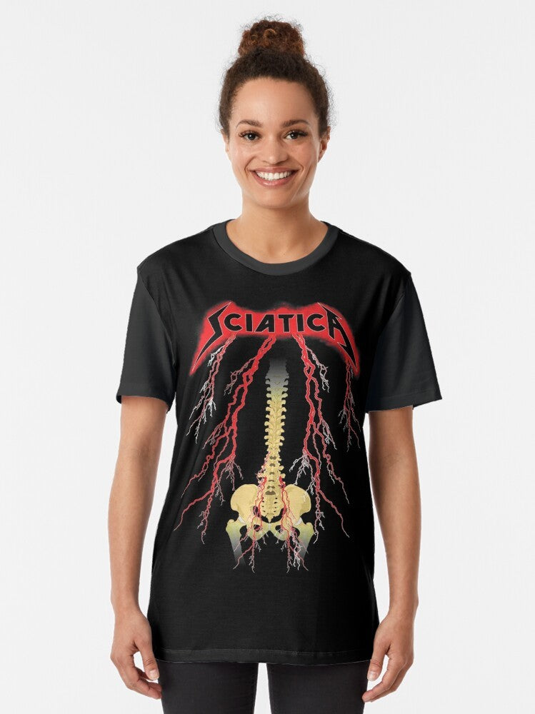 Hard Rock Sciatica Graphic T-Shirt featuring a unique design with a retro, vintage-inspired style - Women