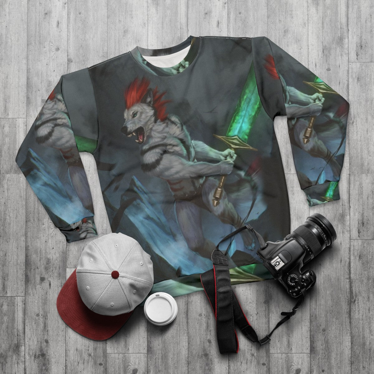 Headlong anthro wolf fantasy digital art sweatshirt - flat lay