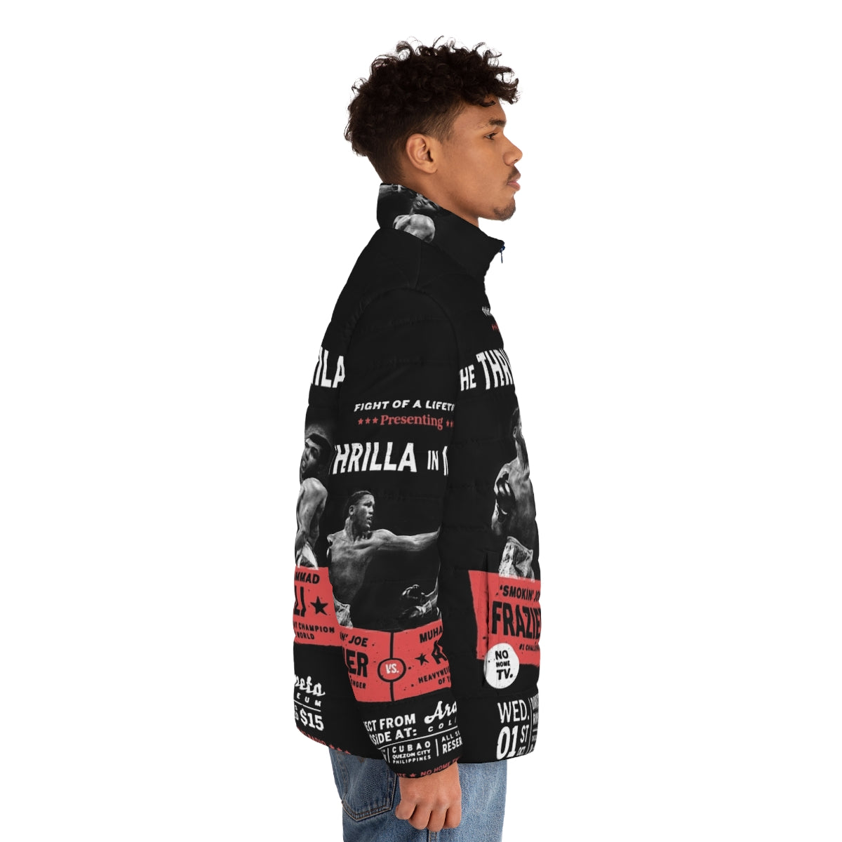 Ali vs Frazier 'Thrilla in Manila' puffer jacket featuring iconic boxing imagery - men side right