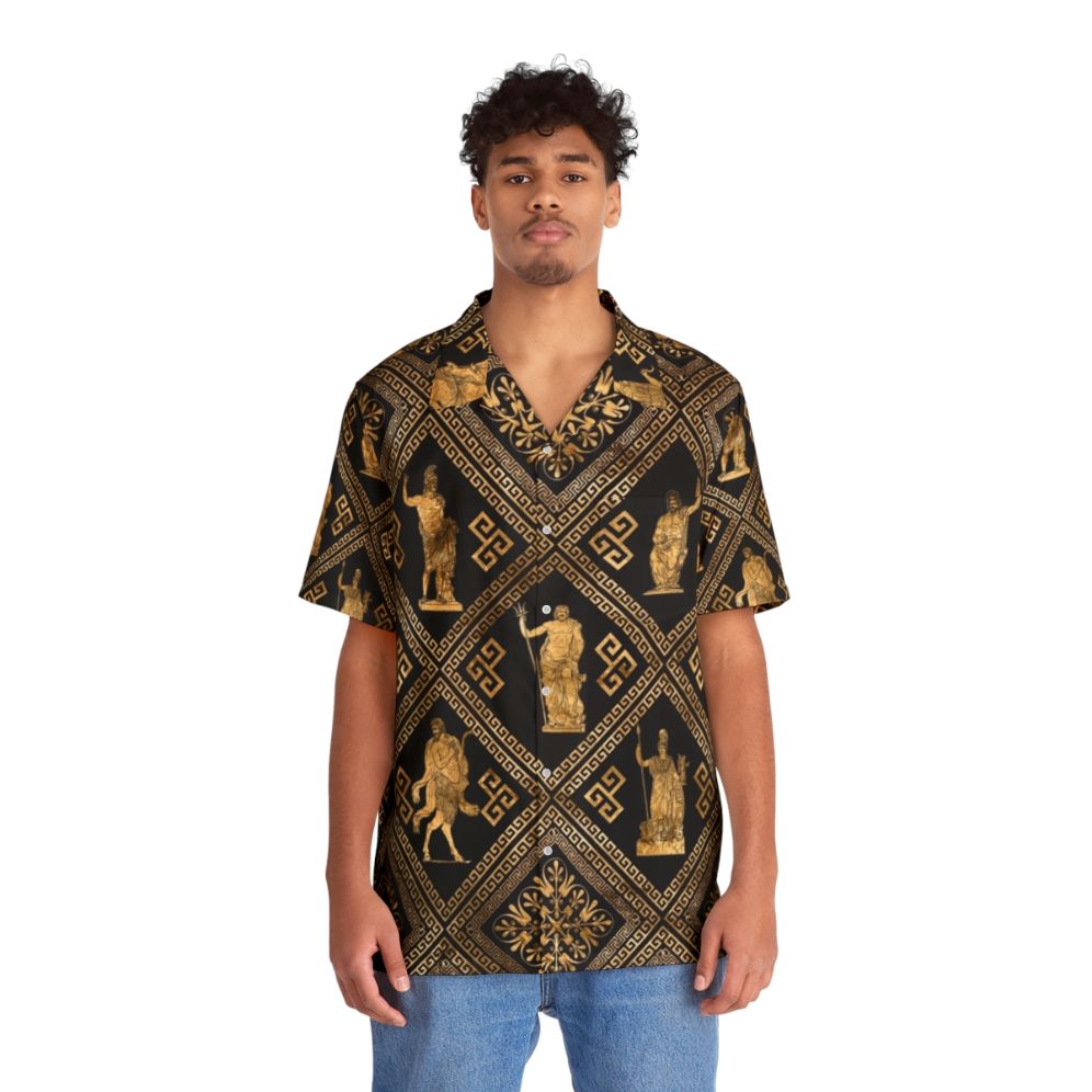 Greek deities and meander key ornament design on a black Hawaiian shirt - People Front