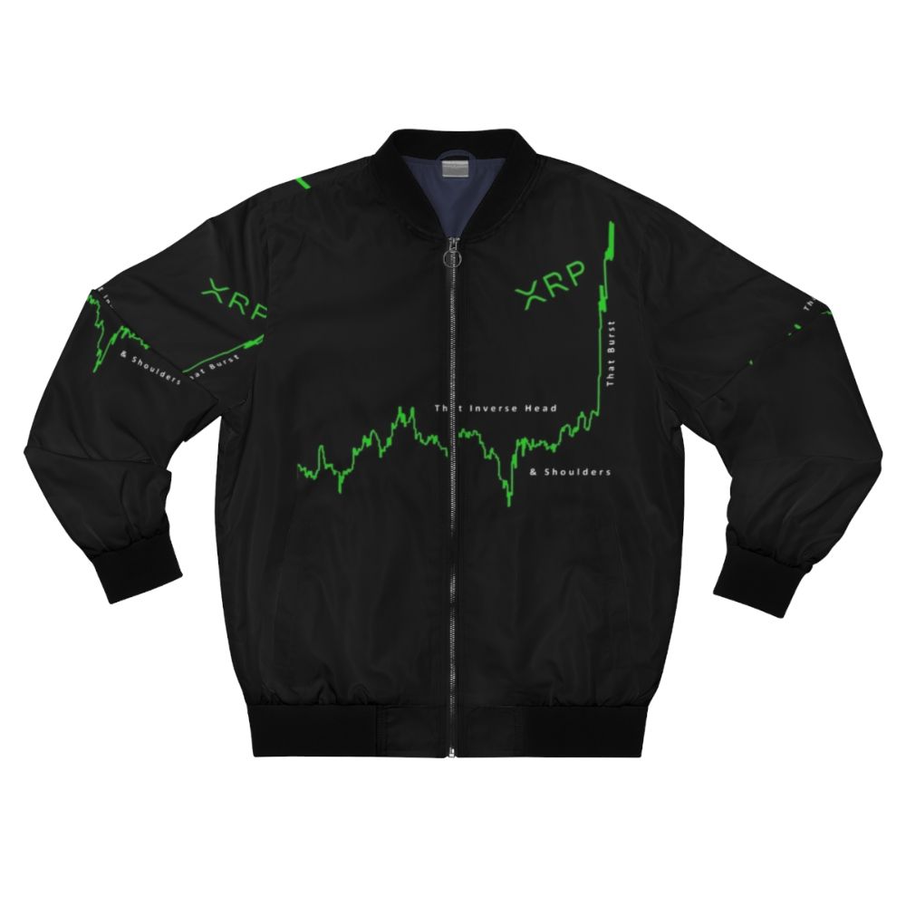 XRP cryptocurrency-themed bomber jacket with a head and shoulders pattern