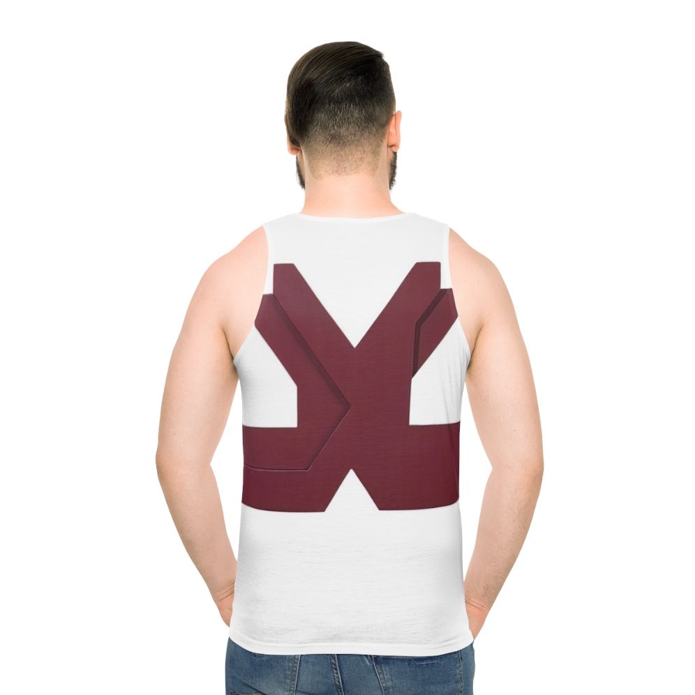 Unisex tank top featuring Thomas Downing's abstract art with optical illusion and vibrant colors - men back