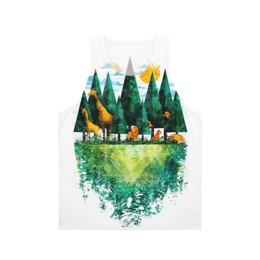 Unisex tank top with nature-themed forest and animal print design