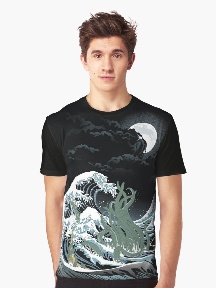 A graphic t-shirt design featuring Cthulhu, the iconic monster from H.P. Lovecraft's horror universe, surrounded by a swirling Japanese-style wave. - Men