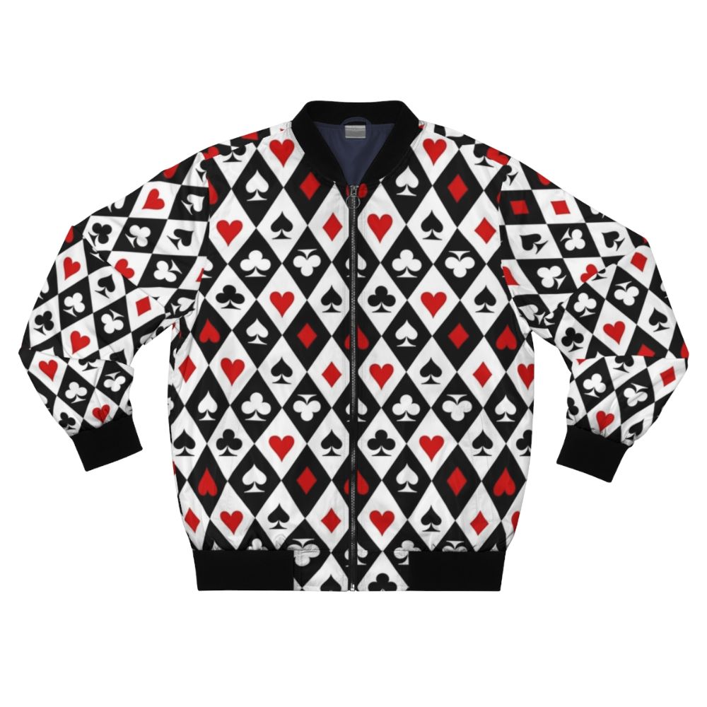 Black and white bomber jacket with playing card suit symbols