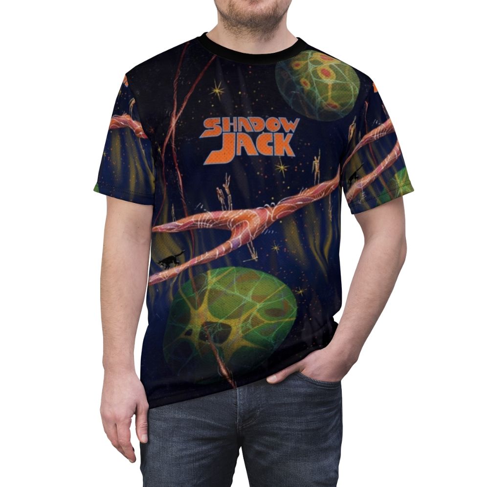 Psychedelic retro sci-fi inspired Shadowjack t-shirt featuring planets, stars, and space elements - men front