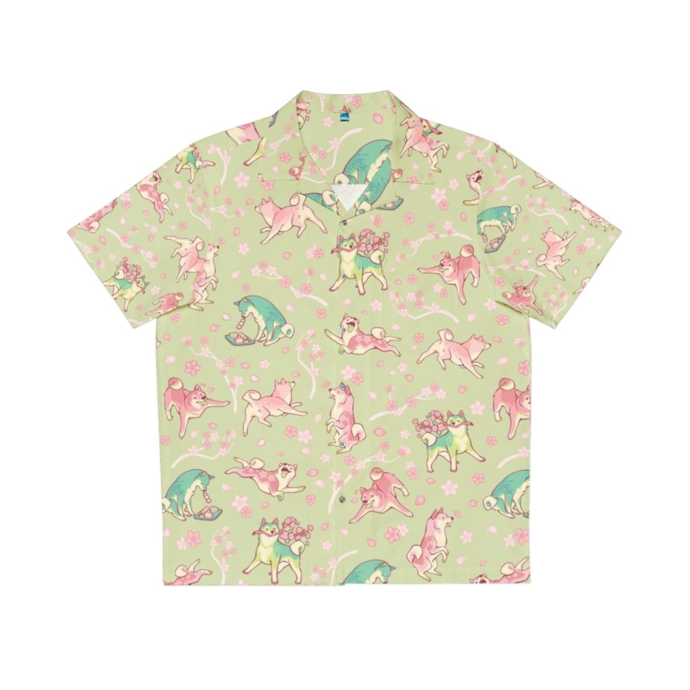 Shibakura Matchinu Matcha Green Hawaiian Shirt with Shiba Inu and Cherry Blossom Print