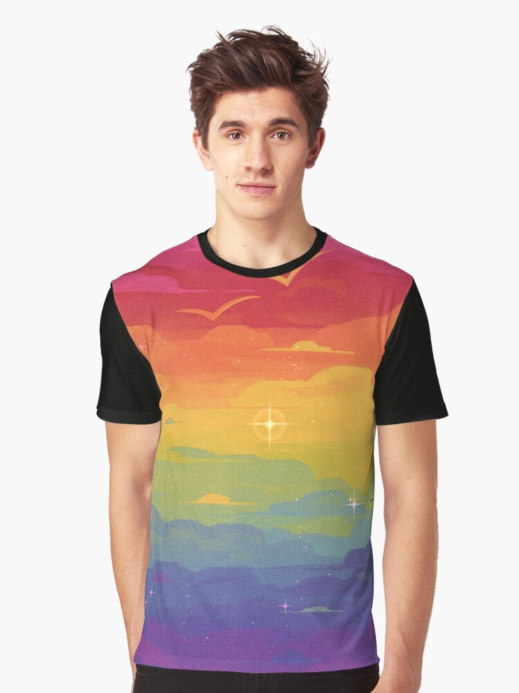 Gay Pride Skies Graphic T-Shirt featuring a colorful rainbow design - Men