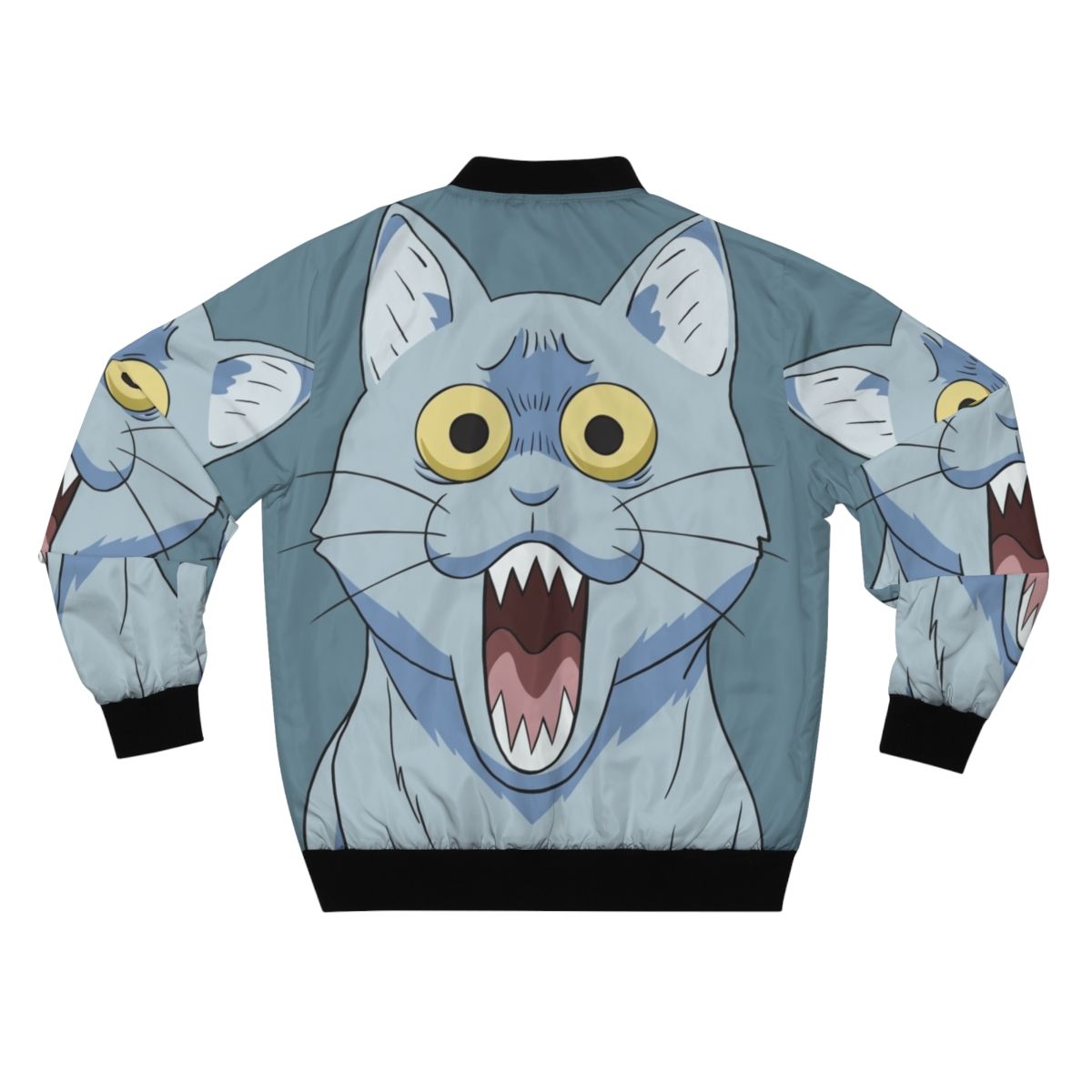 Shocked and horrified anime-style cat graphic printed on a bomber jacket - Back