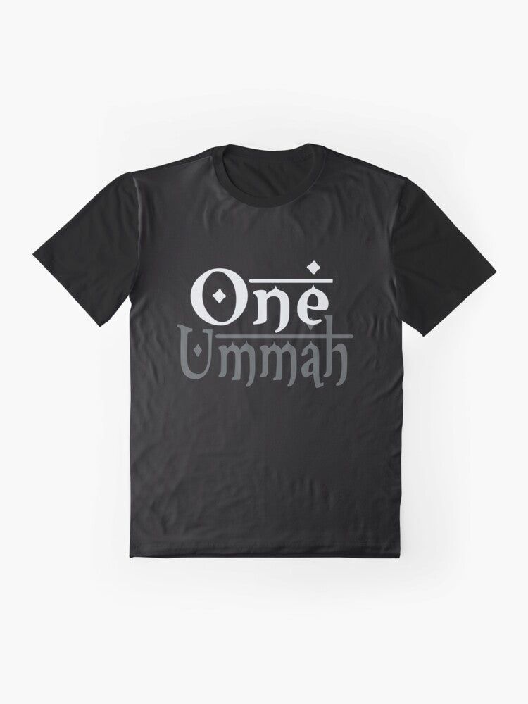 Muslim unity t-shirt with "One Ummah" graphic and night sky design - Flat lay