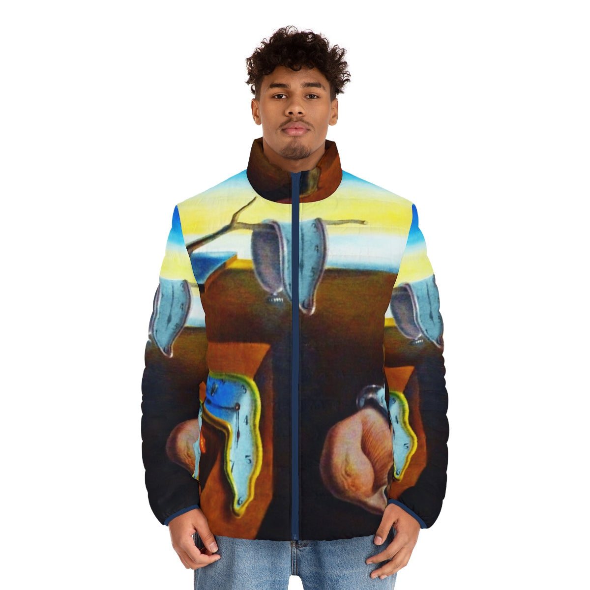 Salvador Dali's iconic 'The Persistence of Memory' painting featured on a cozy puffer jacket - men front