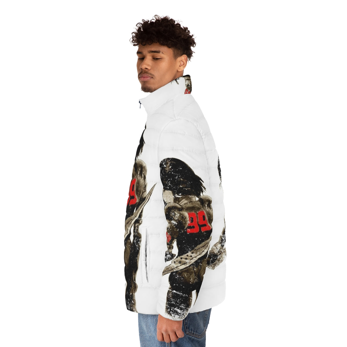 Cyberpunk-inspired distressed puffer jacket featuring a manga angel design, inspired by Battle Angel Alita - men side left