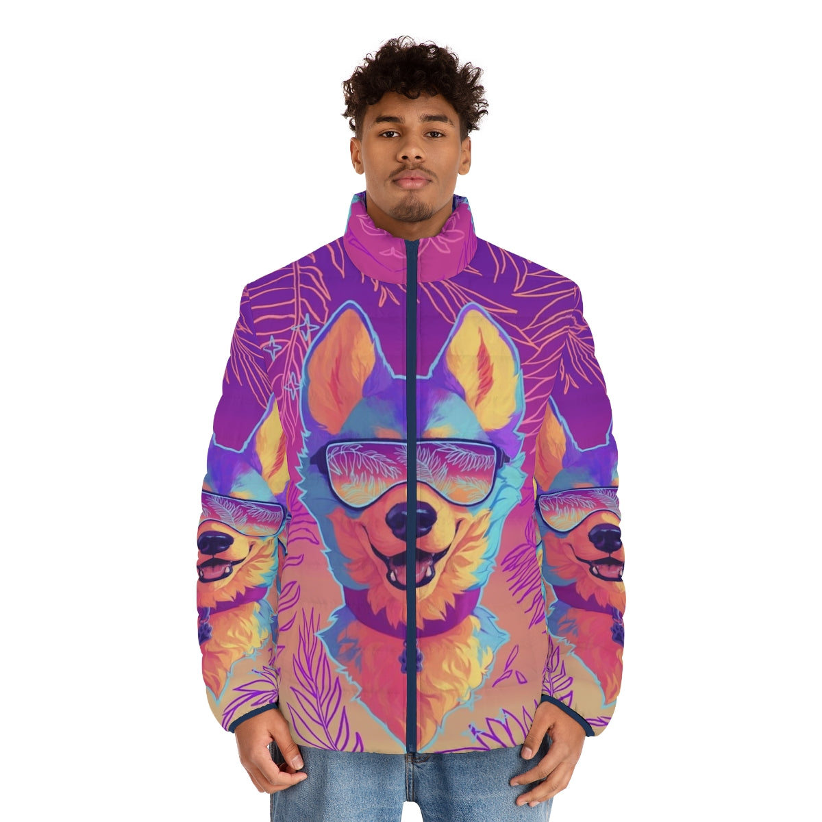 A vibrant and shimmering puffer jacket featuring an anthro sparkle dog design in a vaporwave aesthetic. - men front