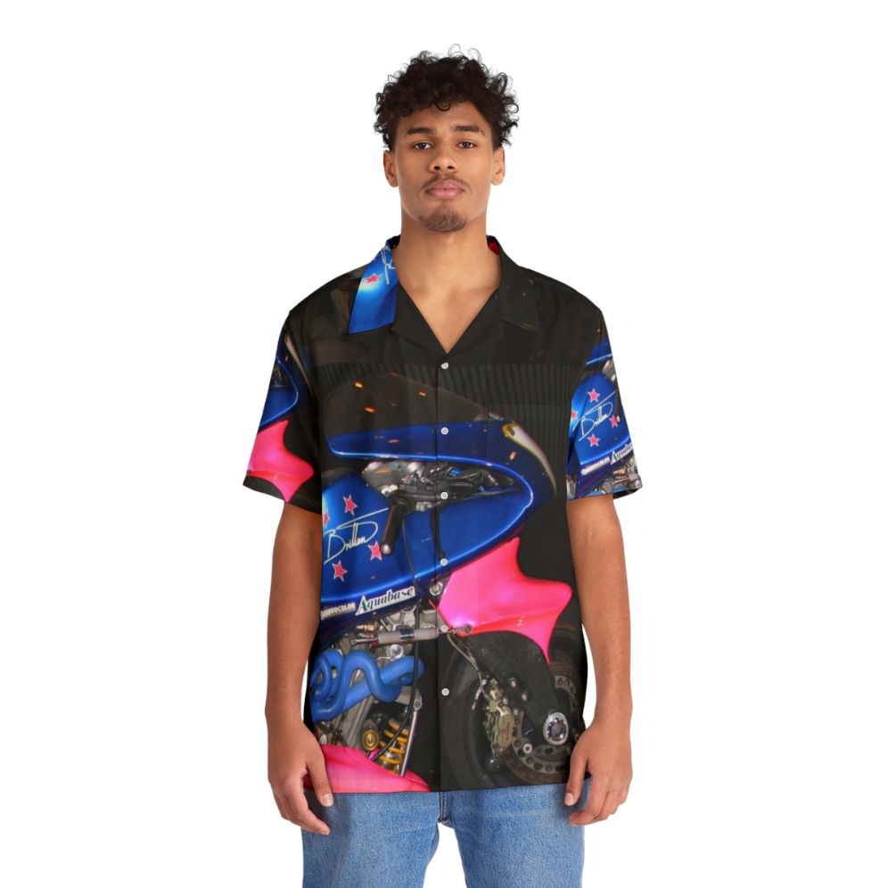 Britten Motorcycle Hawaiian Shirt featuring design of race bike from New Zealand - People Front