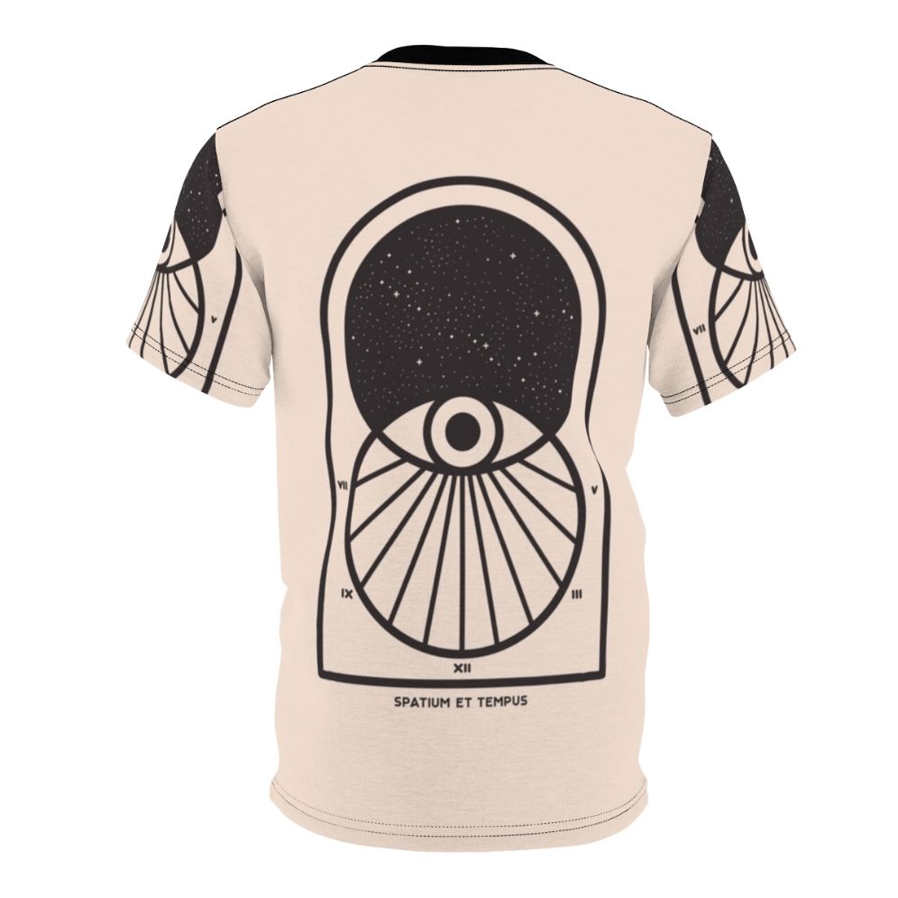 Minimalist graphic t-shirt design featuring space, time, and cosmic elements in a black and white, geometric style. - Back