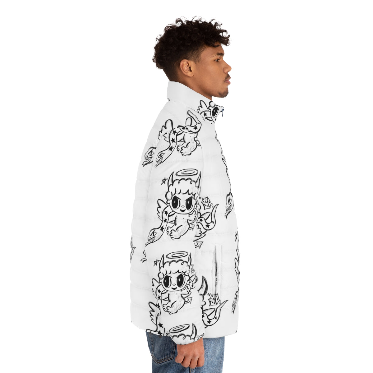 Karol G "Devil Angel" Puffer Jacket with monochrome colorful pencil drawing design - men side right