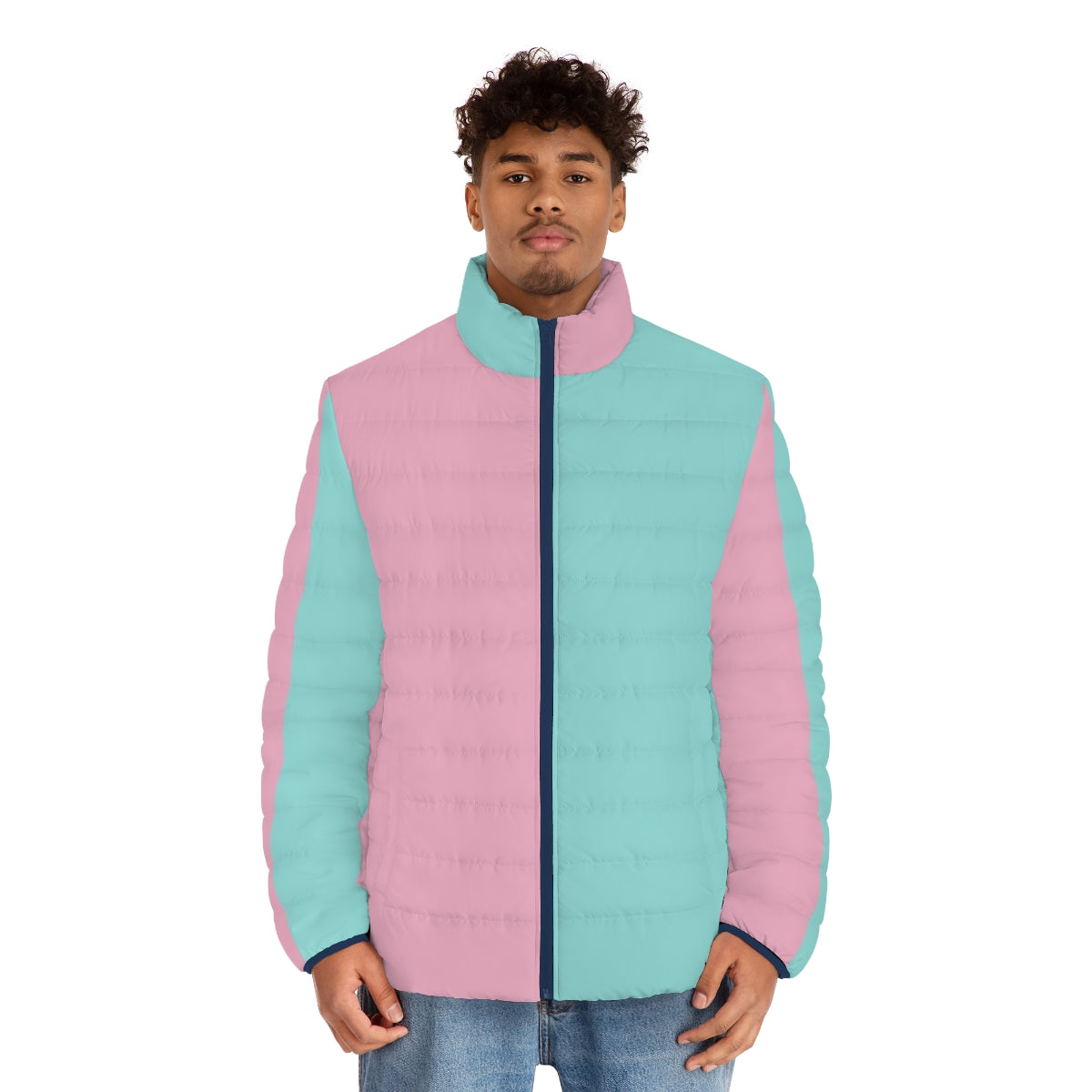 Half pink and blue colorblock puffer jacket - men front