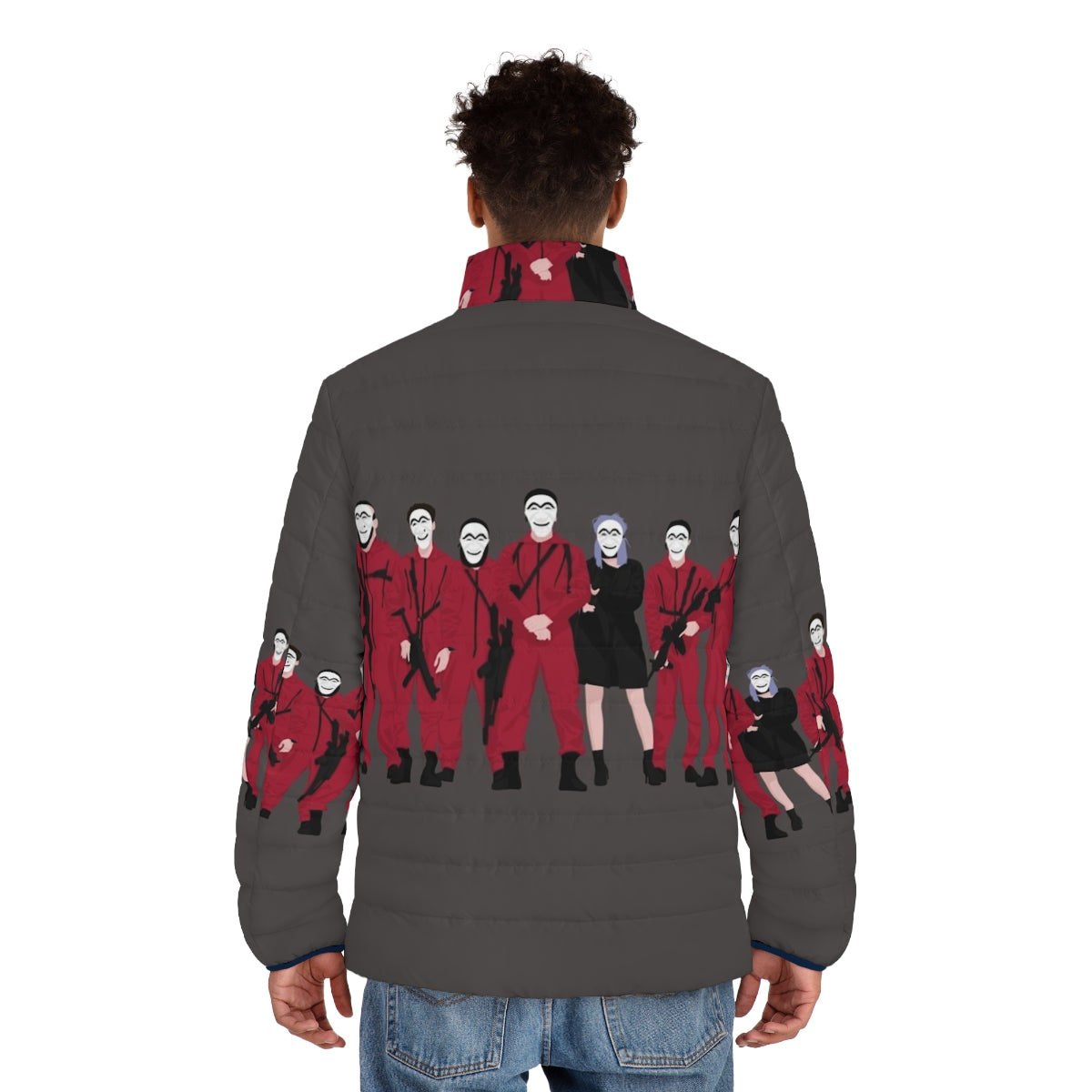 Stylish and Warm Money Heist Puffer Jacket with Vibrant Graphics - men back