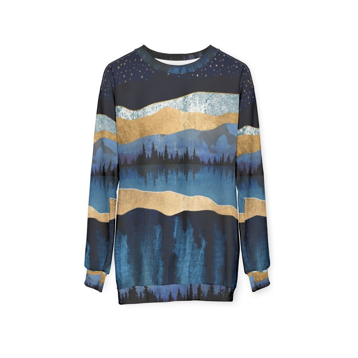 Midnight Lake Sweatshirt with nature landscape and celestial forest design - hanging