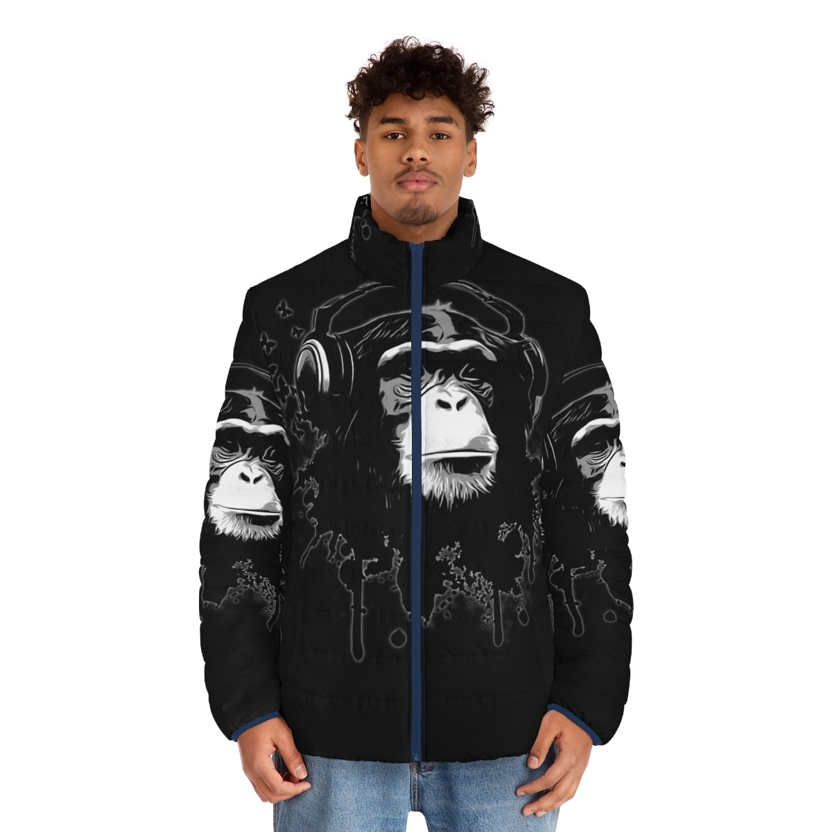 A black puffer jacket with a graffiti-style design and nature-inspired elements like butterflies - men front