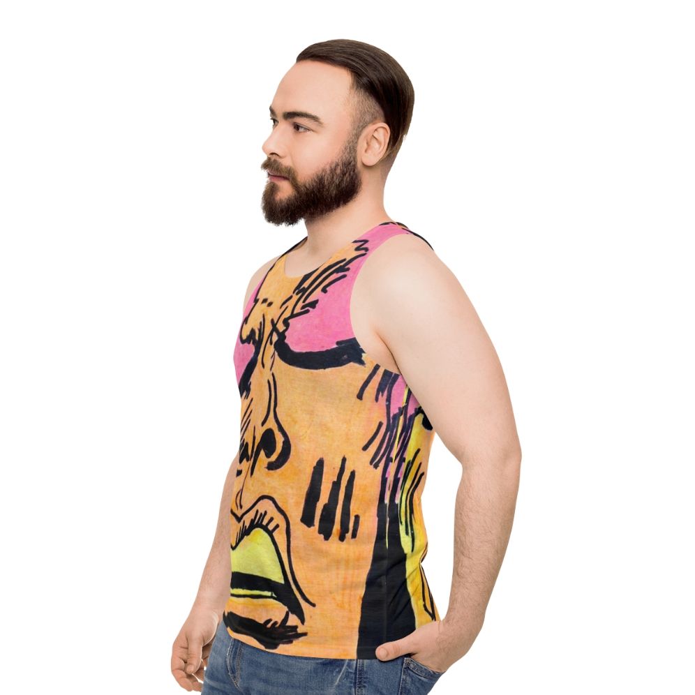 Retro comic art unisex tank top with expressive superhero faces - men side