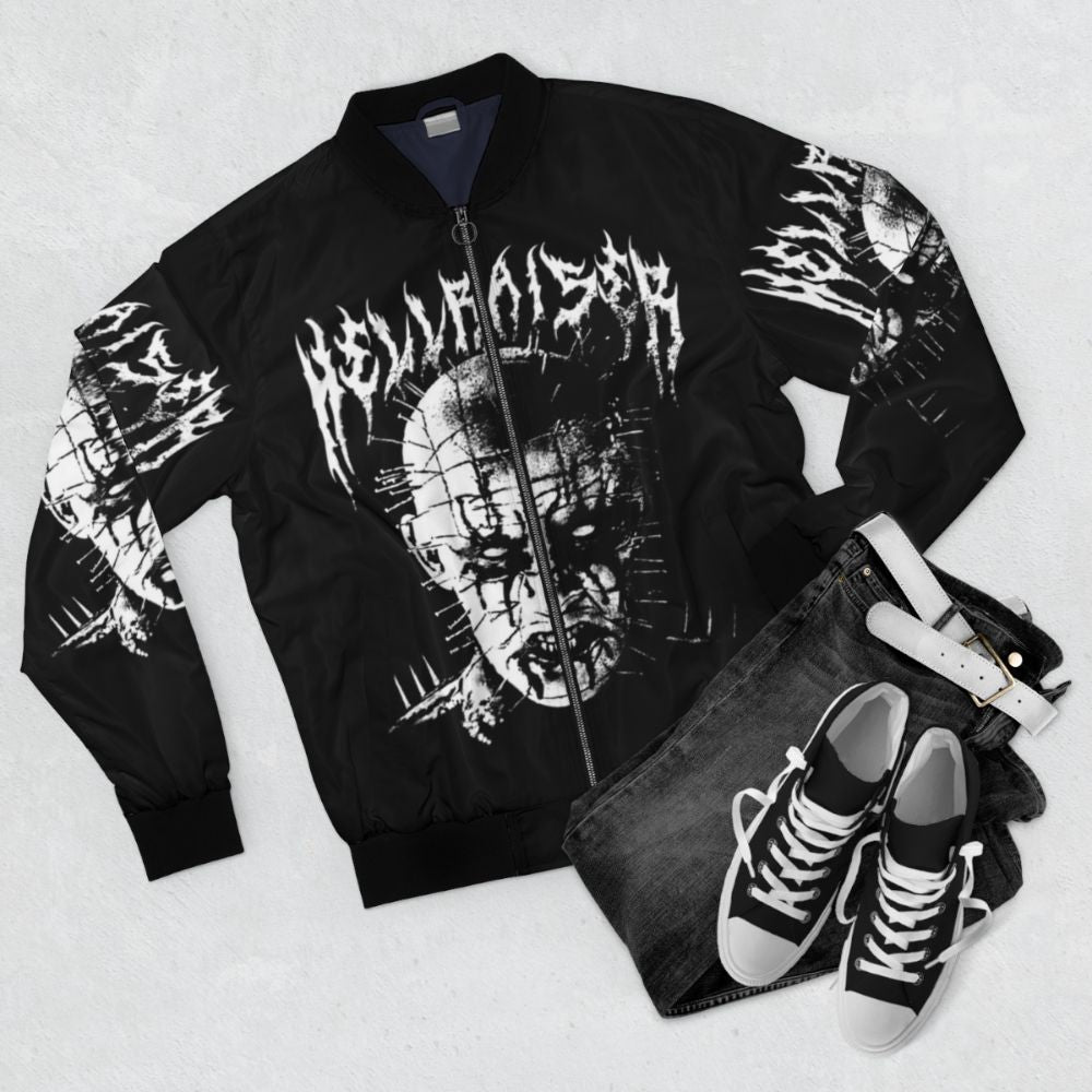 Black metal inspired bomber jacket with Pinhead and Hellraiser inspired design - Flat lay