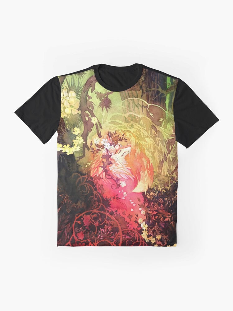 Watercolor illustration of a fox surrounded by pink and magenta flowers in a forest setting. - Flat lay